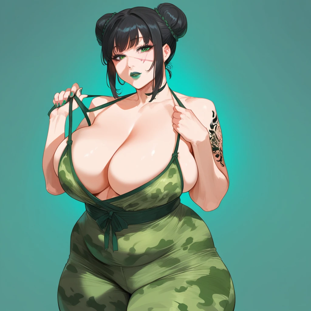 mixed_artwork style, 1 girl, standing alone, hands, beautiful woman, Asian, thick, Large woman, double bun hair, black hair with green tips, chubby, defined body, strong abdomen, strong legs, green tattoos on her arm Light green eyes, green lipstick, green camouflage pants, scar on the left eye, milf, half black half green blouse, cleavage, wide hips, realistic, textures, 8K, perfect hand, perfect anatomy, visible curves, Breasts,