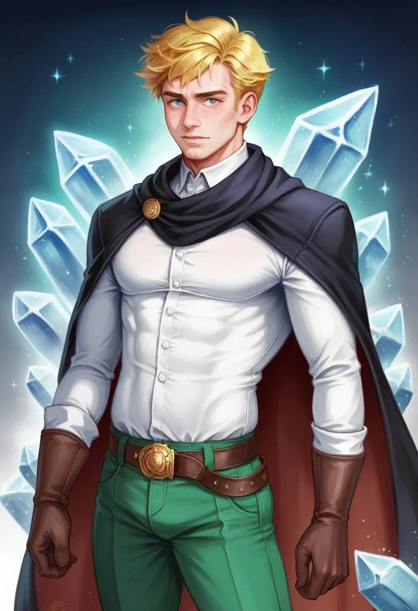 A young man, ice sorcerer, wearing a cloak made of crystal, white shirt, green pants, gloves, belt, and boots. Yellow hair, gray eyes.
The prompt is: "A young man, ice sorcerer, wearing a cloak made of crystal, white shirt, green pants, gloves, belt, and boots. Gray hair, gray eyes. (best quality, 4k, highres, masterpiece:1.2), ultra-detailed, (realistic, photorealistic, photo-realistic:1.37), HDR, UHD, studio lighting, extreme detail description, professional, vivid colors, bokeh, portraits, icy blue color palette, ethereal lighting."