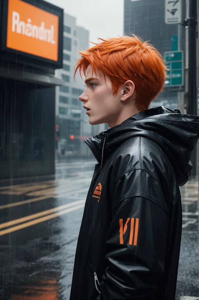 A graphic photo of a 17-year-old male character with orange hair in profile shouting up in the middle of the rain,4K,high qualiy