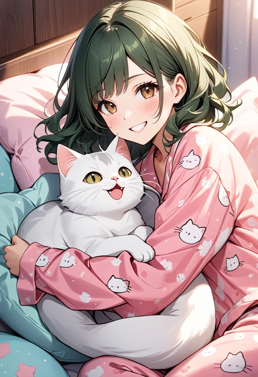 8k, Female model, dark green short wavy hair, Brown eyes, cheerful grin, long pink pajamas with cat print, sleepover, hold a pillow in your arm