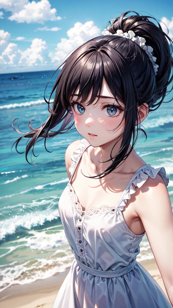 Very cute beautiful girl,A white sundress with delicate ruffles,(Very fine beautiful face), (lol),Black Hair, cloth,Beach,Panini,(From above), (Highest quality,masterpiece:1.2),Absurd,High resolution,Very detailed,Very detailed,32K,8k resolution, Intricate details,Movie Scenes,Detailed Background,Lonely,Dynamic Angle, Natural light,Hair blowing in the wind,Beautiful and detailed sky, (practical),ponytail,lol顔がかわいい全体像