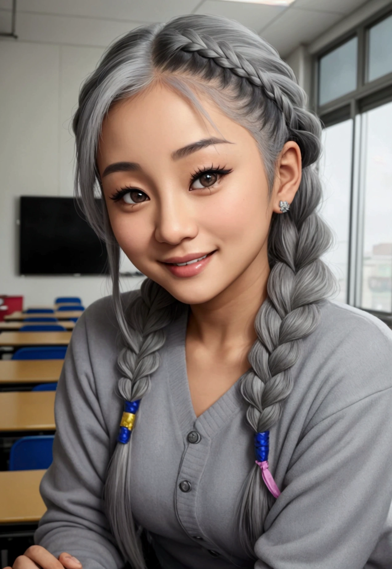 A beautiful youthful looking Asian version of Ariana Grande as a 50 years old woman with braided completely gray hair wearing a high in a high school classroom she is smiling for the camera