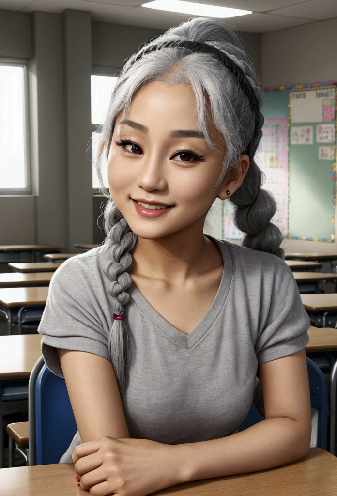A beautiful youthful looking Asian version of Ariana Grande as a 50 years old woman with braided completely gray hair wearing a high in a high school classroom she is smiling for the camera