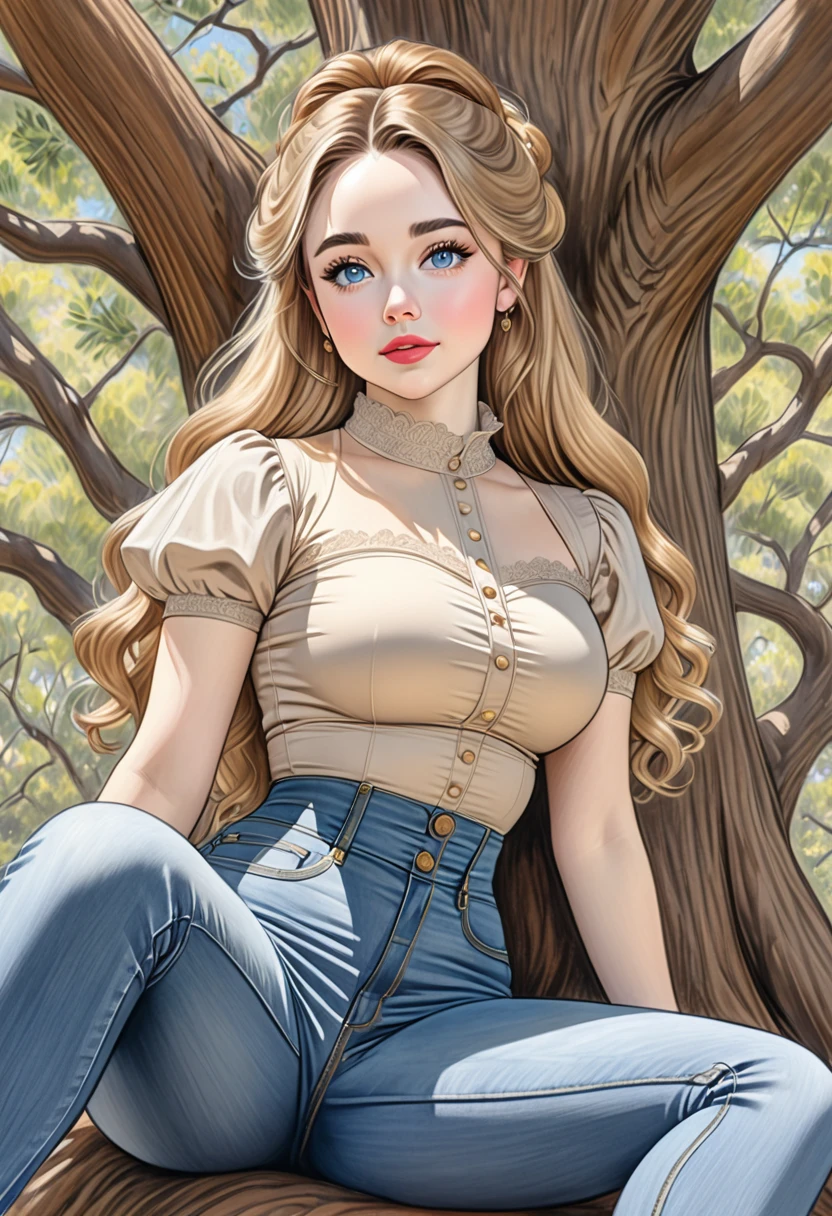 A colored pencil sketch of A beautiful woman with large elegant, A light brown spandex top, large heaving breasts, tight highrise jeans. curvy, thin-waist, wide-hips, swaying-hips. . Oppulent historically accurate victorian dress. mash up of Sabrina Carpenter. She is sitting seductively under a live oak tree.