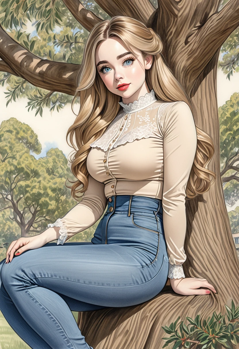 A colored pencil sketch of A beautiful woman with large elegant, A light brown spandex top, large heaving breasts, tight highrise jeans. curvy, thin-waist, wide-hips, swaying-hips. . Oppulent historically accurate victorian dress. mash up of Sabrina Carpenter. She is sitting seductively under a live oak tree.
