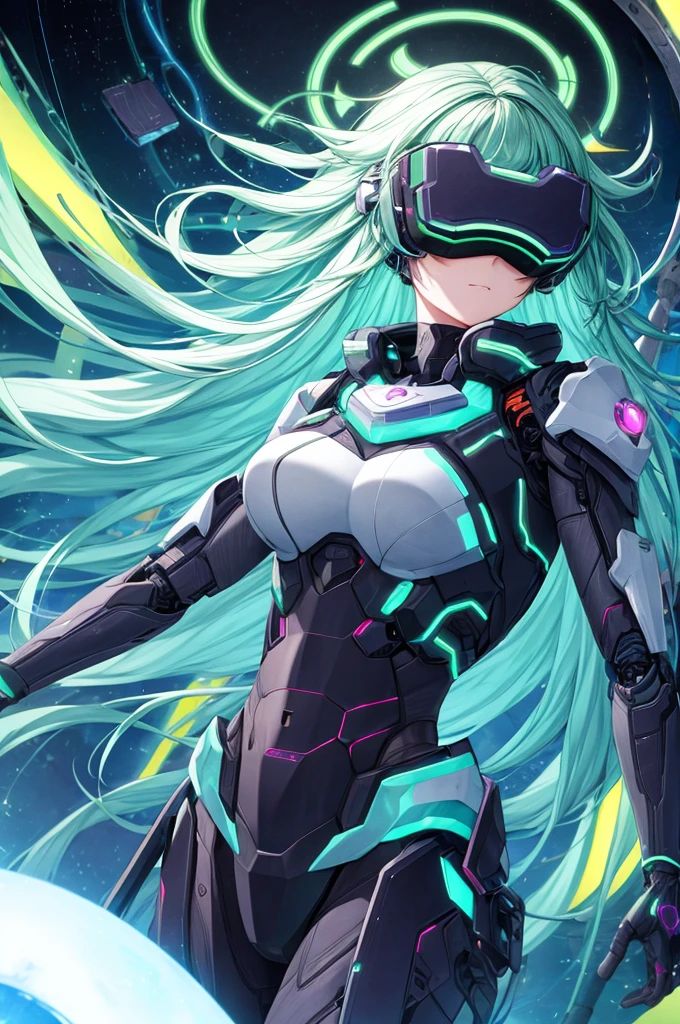 best quality, head-mounted display,
(1 girl, solo), exposed waist, exposed thighs, surrounded by azure neon, floating azure hair, NodesTech mascara, NodesTech headdress, long hair, ethereal hair, multicolored azure hair,
BREAK sci-fi background, detailed background, crop top cyborg armor, azure neon background, data space