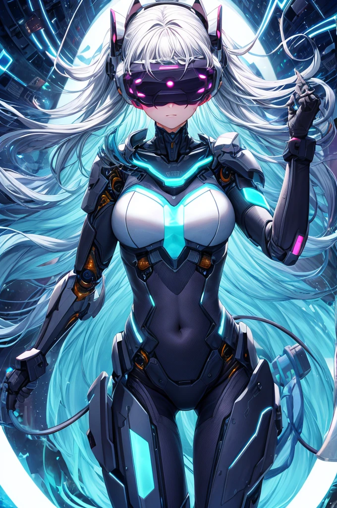 best quality, head-mounted display,
(1 girl, solo), exposed waist, exposed thighs, surrounded by azure neon, floating azure hair, NodesTech mascara, NodesTech headdress, long hair, ethereal hair, multicolored azure hair,
BREAK sci-fi background, detailed background, crop top cyborg armor, azure neon background, data space