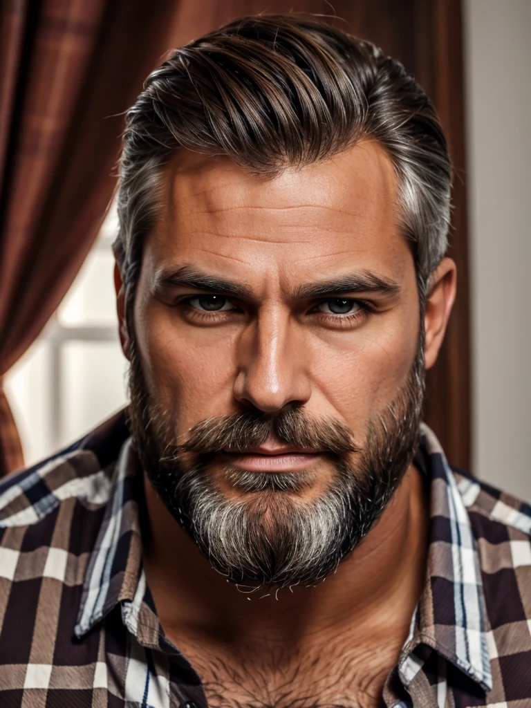 (best quality), 1boy, Male, mature, older, tanned skin, brown hair, silver streaks, short hair, curtain hair, brown eyes, perfect eyes, full beard, strong jawline, broad, daddy, (plaid shirt), hairy, masterpiece, anatomically correct, highres