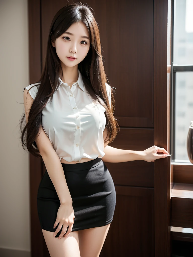 office、Pencil Skirt 、Sheer blouse(Highest quality)、((Very detailed))、4K、(8k)、masterpiece、Very detailedな、Highest quality、Super Resolution、1 person、Kind Face、Soft Light、RAW quality、Soft Skin、163cm、28 years old、Thighs