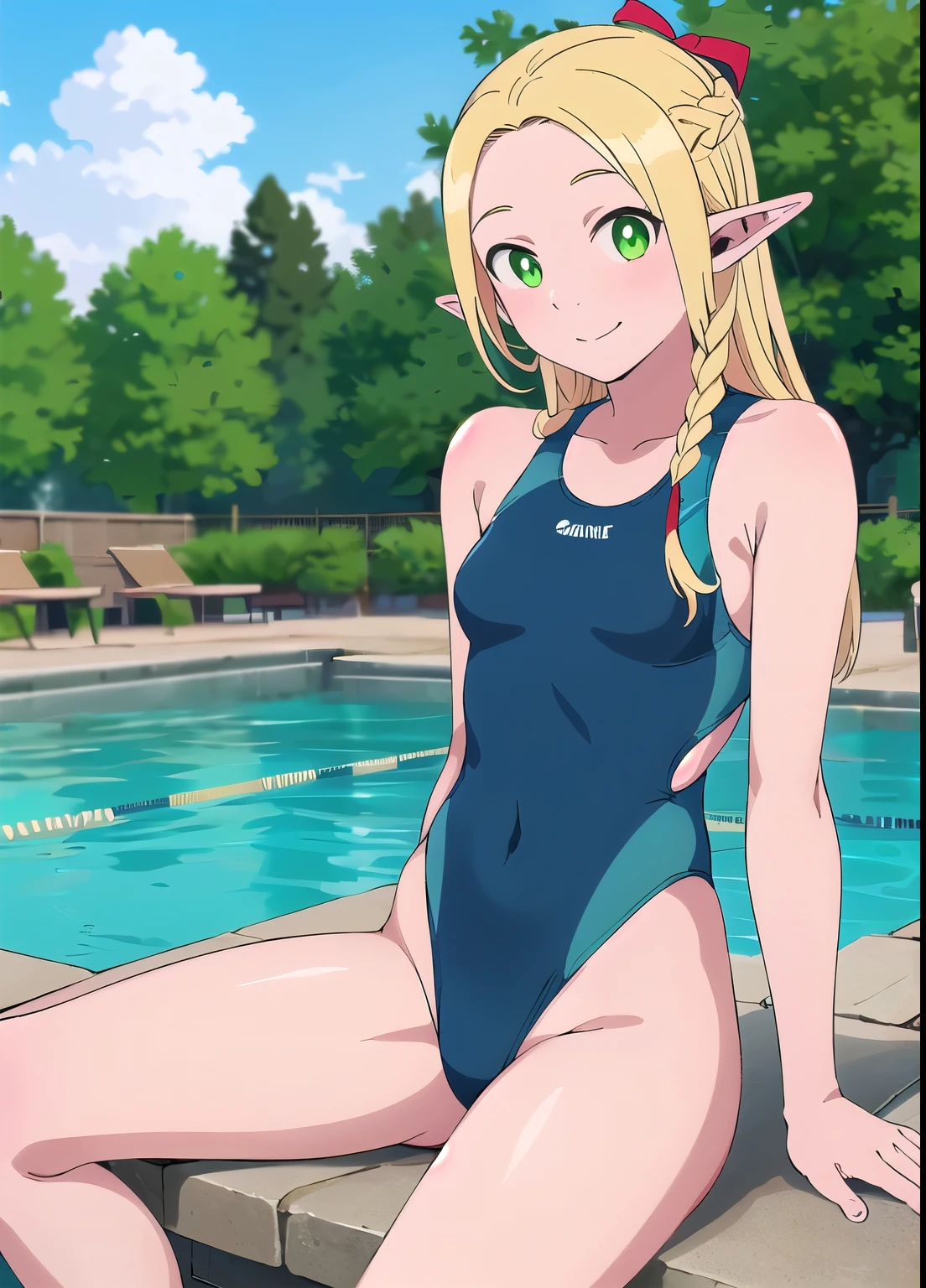 (best quality), (highly detailed), (masterpiece), (1girl), (Marcille_Donato_DungeonMeshi), blonde hair, long hair, twin braids, elf, pointy ears, green eyes, smile, (skinny body: 1.2), (thin legs: 1.2), ((blue competition swimsuit), sitting, spread legs, Cowboy Shot,  Outdoor, poolsaide