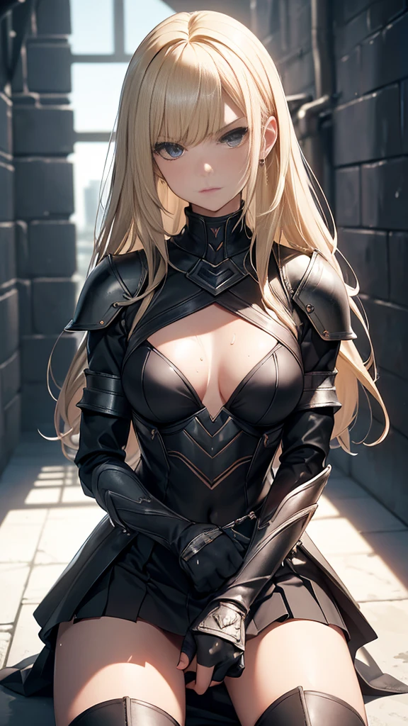 {{masterpiece}}, {{{best quality}}},{{ultra-detailed}}, {{illustration}},{{tall stature}},{{adult women}},((Sweatをかいて不機嫌な女剣士)),Small breasts,Slender,{{armor}},((mini skirt)),Over-the-knee leather boots,Armor Chest Breast Armor Get down on one knee V-shaped eyebrows Sweat Gauntlet A strong expression blunt bangs Blonde long hair 1 female,alone, inside a prison cell kneel down on one knee