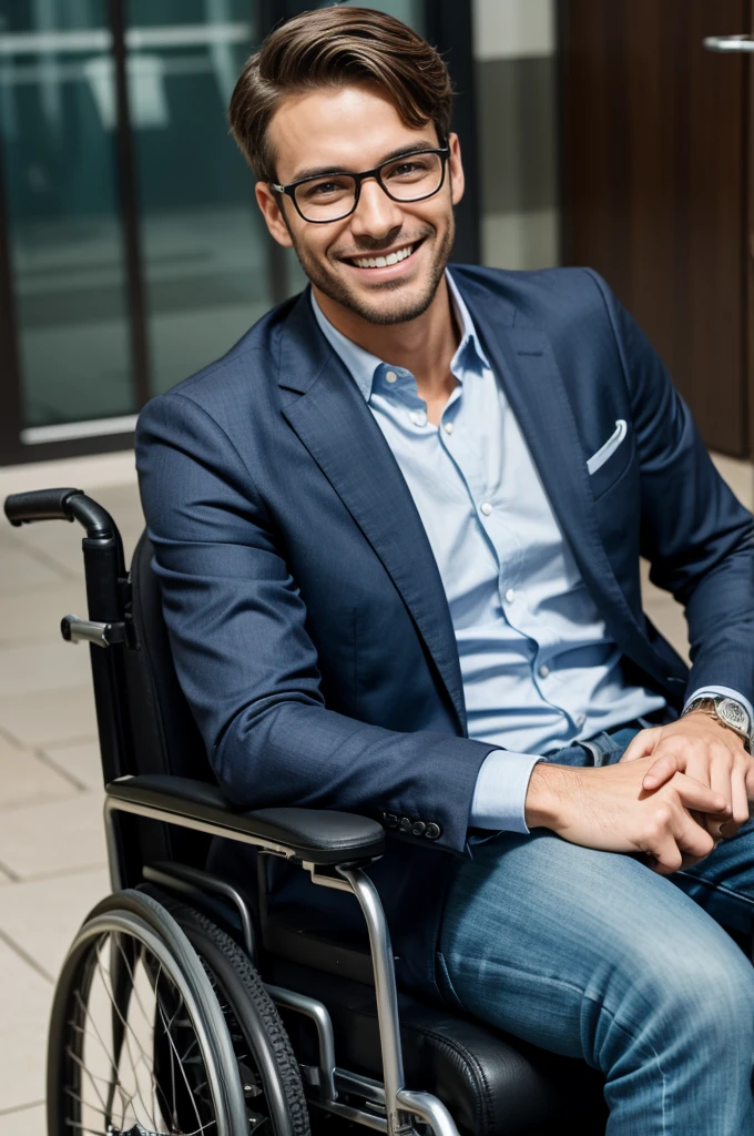 Enigmatic man with smile on his face and glasses in his right hand while sitting in wheelchair, perfect smile