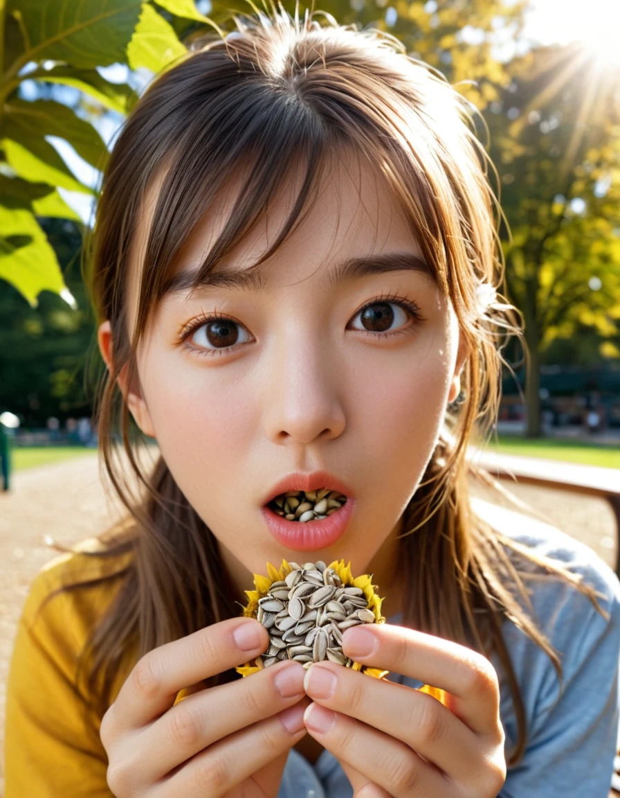 (close up face:0.7), dynamic angle, ultra detailed beautiful photograph, Girl is sitting on a park bench with a handful of sunflower seeds. Taking them one by one to the mouth, peeling the skin and savoring the seed inside. The crispy texture and the slight saltiness spread in the mouth.