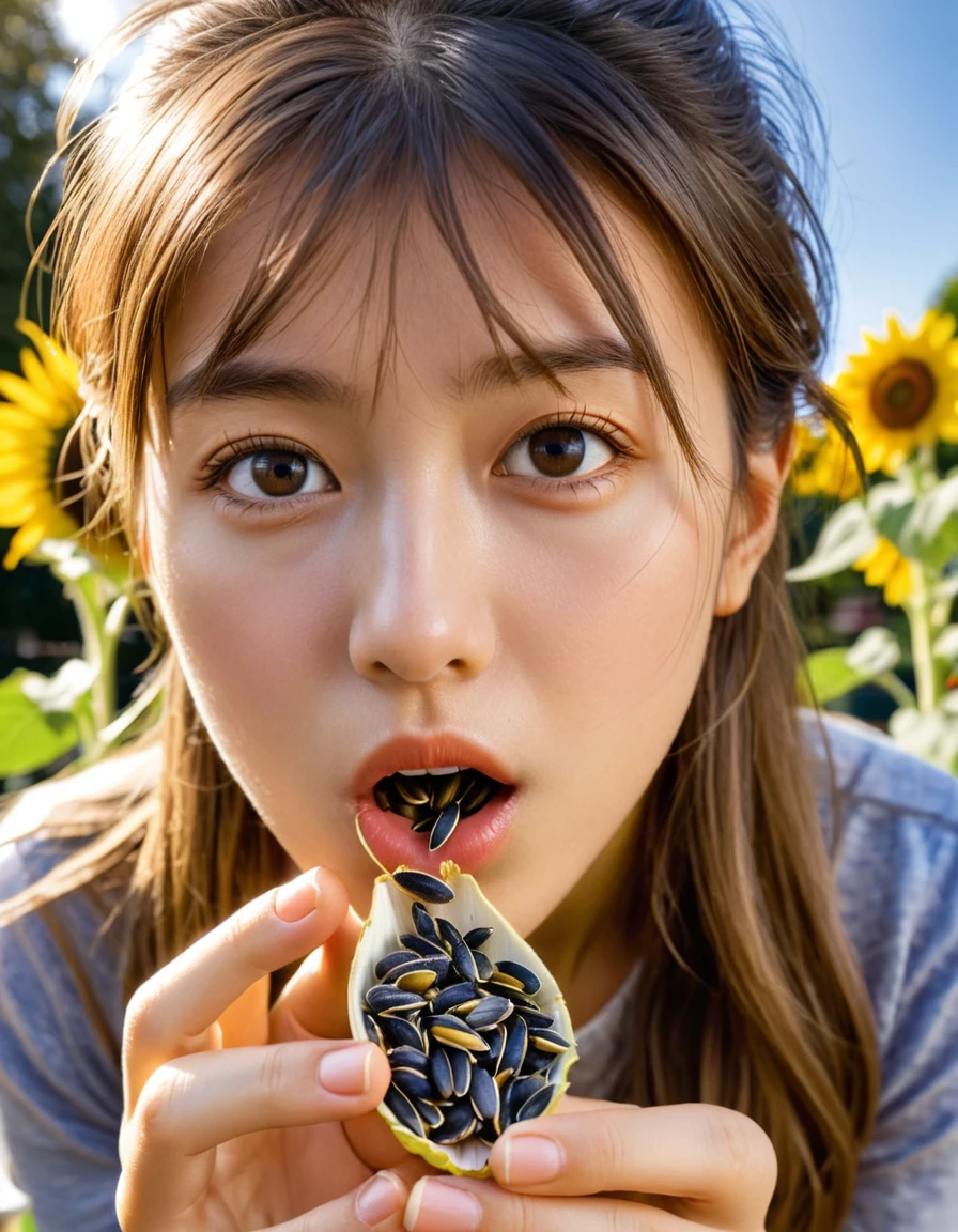 (close up face:0.7), dynamic angle, ultra detailed beautiful photograph, Girl is sitting on a park bench with a handful of sunflower seeds. Taking them one by one to the mouth, peeling the skin and savoring the seed inside. The crispy texture and the slight saltiness spread in the mouth.