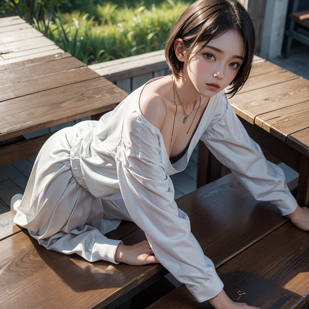 8K, Best Quality, Masterpiece, Ultra High Resolution, (Realism: 1.5), Original Photo, (True Skin Texture: 1.5),1 girl, downblouse, 15 years old, munechira,(((small breasts))), looking away, leaning forward,bending over , birds-eye view shot , Upper body, necklace ,in classroom,long sleeves shirt,besides decolated detailed bra within,long skirt, short hair
