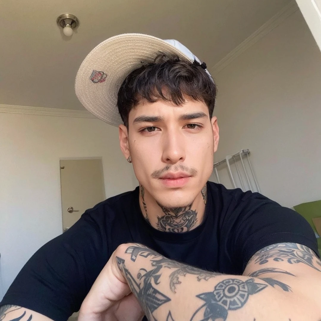 He wears a cap, straight hair and defined jawline, looking at camera and thin mustache, tatoo