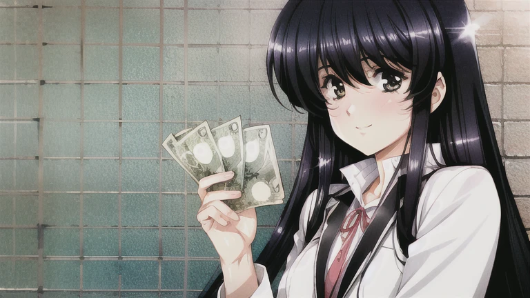 One girl, rich,Black Hair,long hair,suit,smile,Handing over money