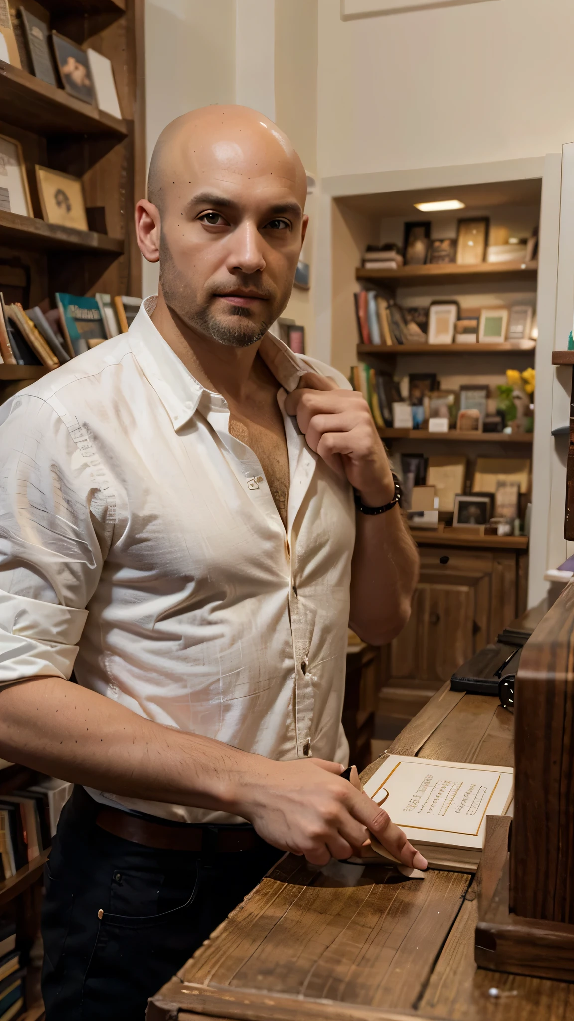 A handsome bald man inside a small bookshop with a beard wearing a modern ivory shirt and bracelets