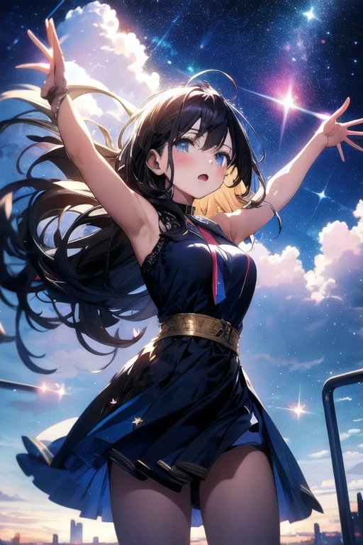 Absurd, High resolution, (Official Art, beautifully、aesthetic:1.2), close, A girl raising her arms from below, Bright Sky, A vast world, stare, Awe-inspiring expressions, Distant Horizon, cloud, High Hill, Natural Beauty, Inspiration, Night Sky, Shining Star,
Upstyle