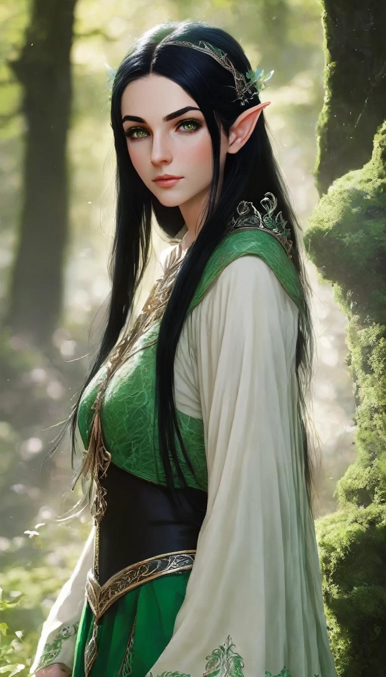 Extremely beautiful elf, approximately 20 years old. Moss green eyes. Long straight black hair.