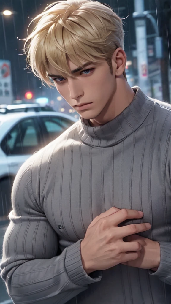 handsome male,Muscular,handsome male,Muscular,Blonde,bangs,Ribbed sweater,meanwhile,Highest quality,Make a frown,hand_To_mouth,in the rain,冬To,