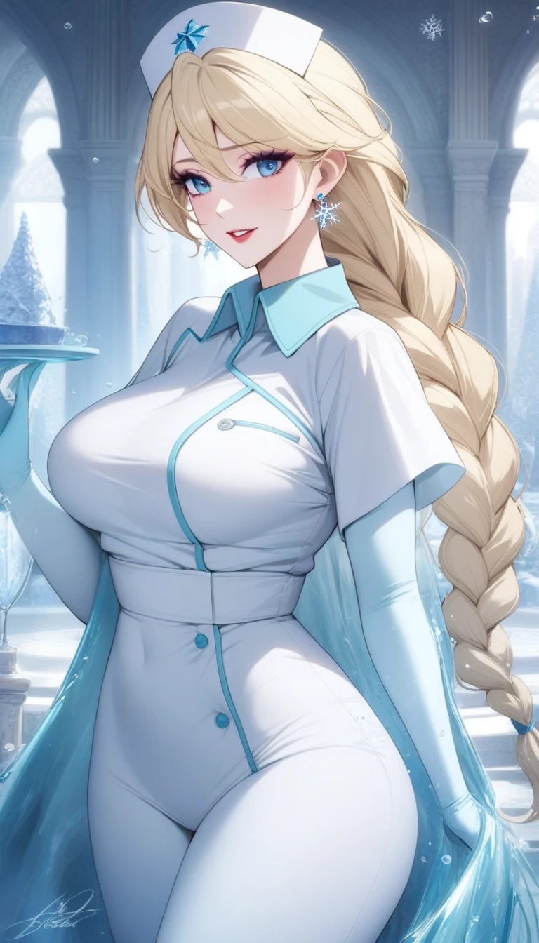 masterpiece, best quality, very aesthetic, absurdres, 1girl, mature_lady,white_clothes,nurse_suit,,elsa_(frozen), frozen_(disney), 1girl, blonde_hair, blue_eyes, braid, medium_breasts, single_braid, earrings, snowflake_earrings, eyeshadow, makeup, long_hair, very_long_hair,,in a palace,floating droplets of water,