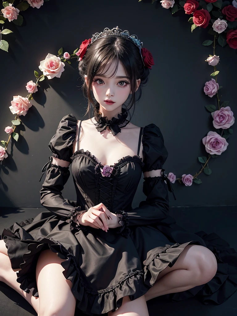 masterpiece, best quality,1girl,GothGal,frilly dress 8k,highres, (rose flower_styler:1.2)(rainbow-candy:1.2)Night,恥じらい,喜び