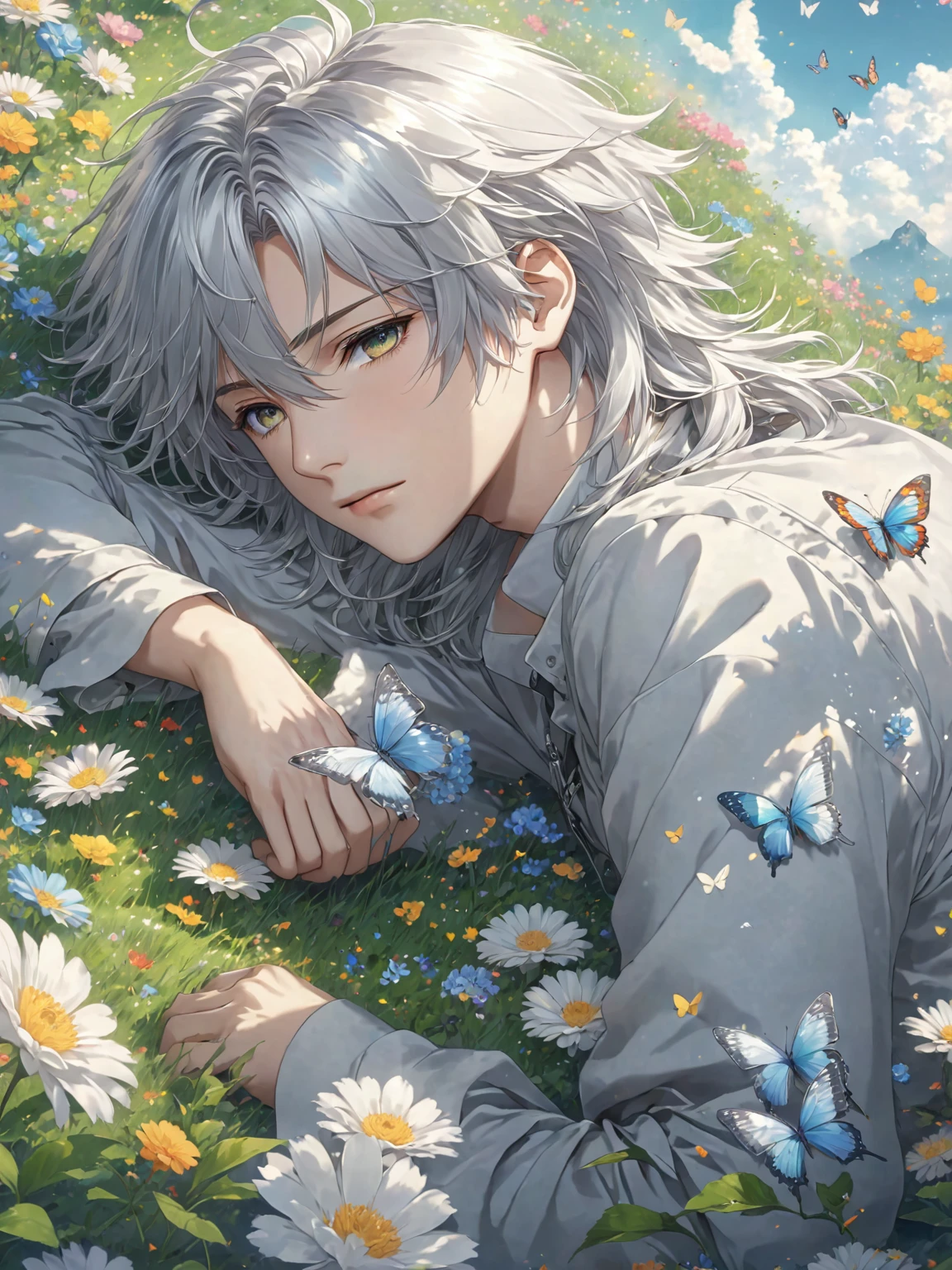 Anime boy lying on the grass with flowers and butterflies,Silver Hairのエルフ、 Beautiful Anime artwork, Detailed anime artwork, Gray-haired神, clean Detailed anime art, Beautiful Anime portrait, Detailed anime art, Detailed digital anime art, Detailed Key Anime Art, Gray-haired, Beautiful Anime art, Beautiful fantasy anime, Anime Aesthetics, Silver Hair, Silver Hairの男, Beautiful Anime, Nightcore