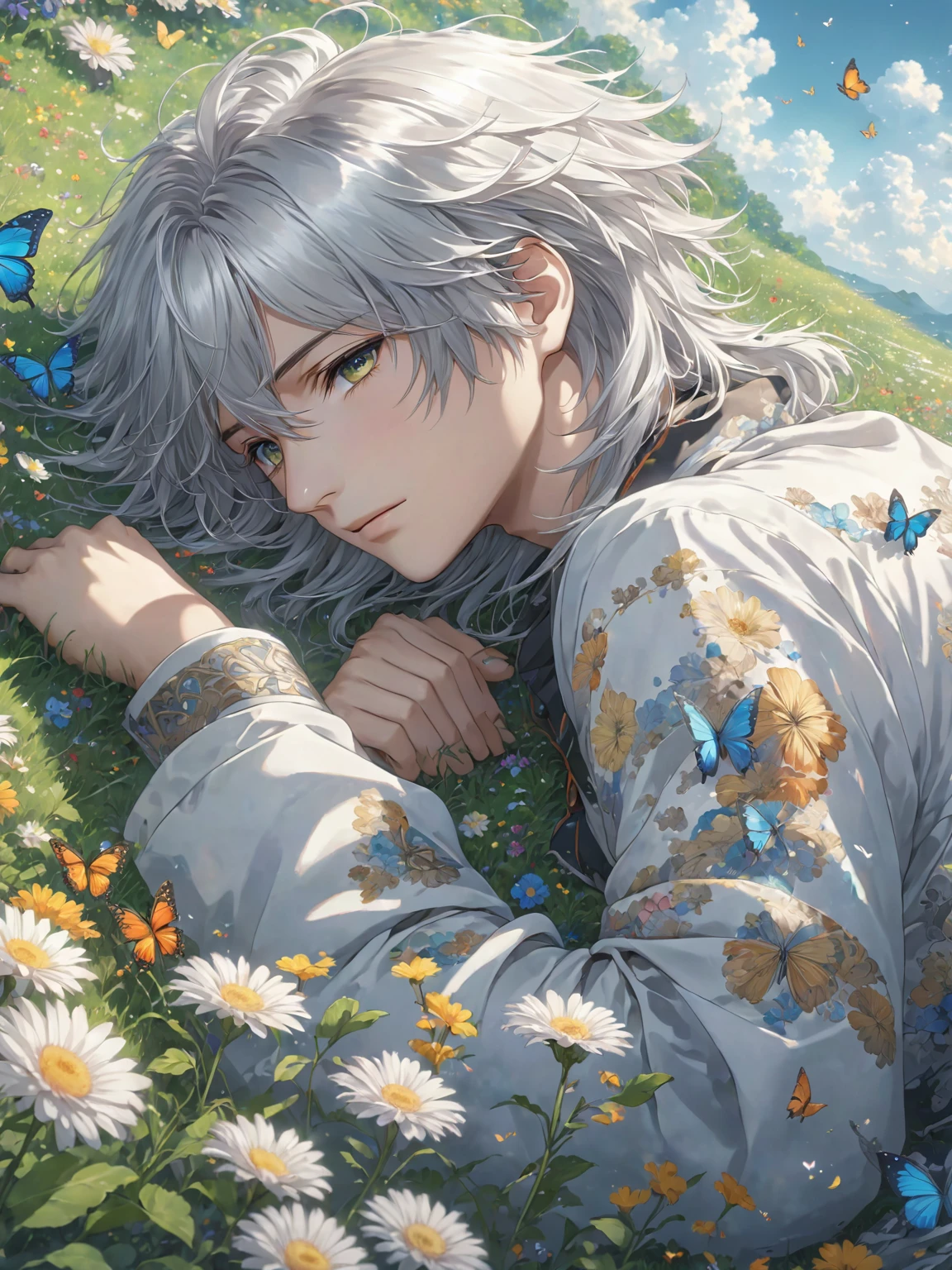 Anime boy lying on the grass with flowers and butterflies,Silver Hairのエルフ、 Beautiful Anime artwork, Detailed anime artwork, Gray-haired神, clean Detailed anime art, Beautiful Anime portrait, Detailed anime art, Detailed digital anime art, Detailed Key Anime Art, Gray-haired, Beautiful Anime art, Beautiful fantasy anime, Anime Aesthetics, Silver Hair, Silver Hairの男, Beautiful Anime, Nightcore