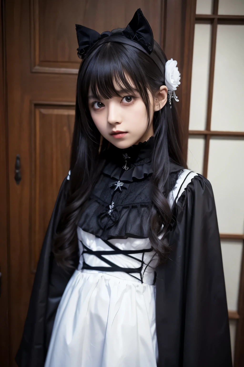 black girl, curry hair, color red, dark green eyes and white princess dress