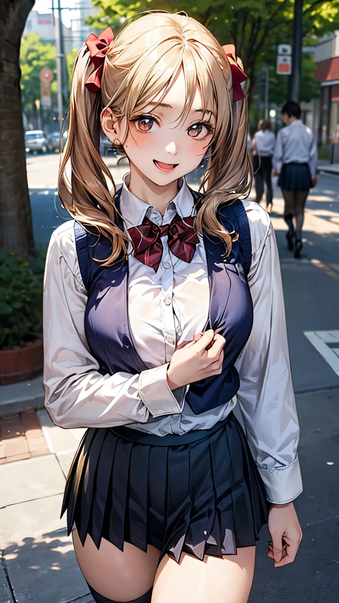(masterpiece:1.2, top-quality), (realistic, photorealistic:1.4), beautiful illustration, (natural side lighting, movie lighting), nsfw,
looking at viewer, cowboy shot, front view:0.6, 1 girl, japanese, high school girl, perfect face, cute and symmetrical face, shiny skin,
(long hair:1.8, twintails:1.7, blond hair), parted bangs, gold eyes, long eye lasher, (large breasts:0.8, thick thighs),
beautiful hair, beautiful face, beautiful detailed eyes, beautiful clavicle, beautiful body, beautiful chest, beautiful thigh, beautiful legs, beautiful fingers,
((((long sleeve)), roll up sleeves, white collared shirts, navy pleated mini skirt, black socks, brown loafers, red bow tie, beige sleeveless knitted vest)), pink panties,
(beautiful scenery), evening, (tree-lined street), walking, (lovely smile, upper eyes, open mouth),
