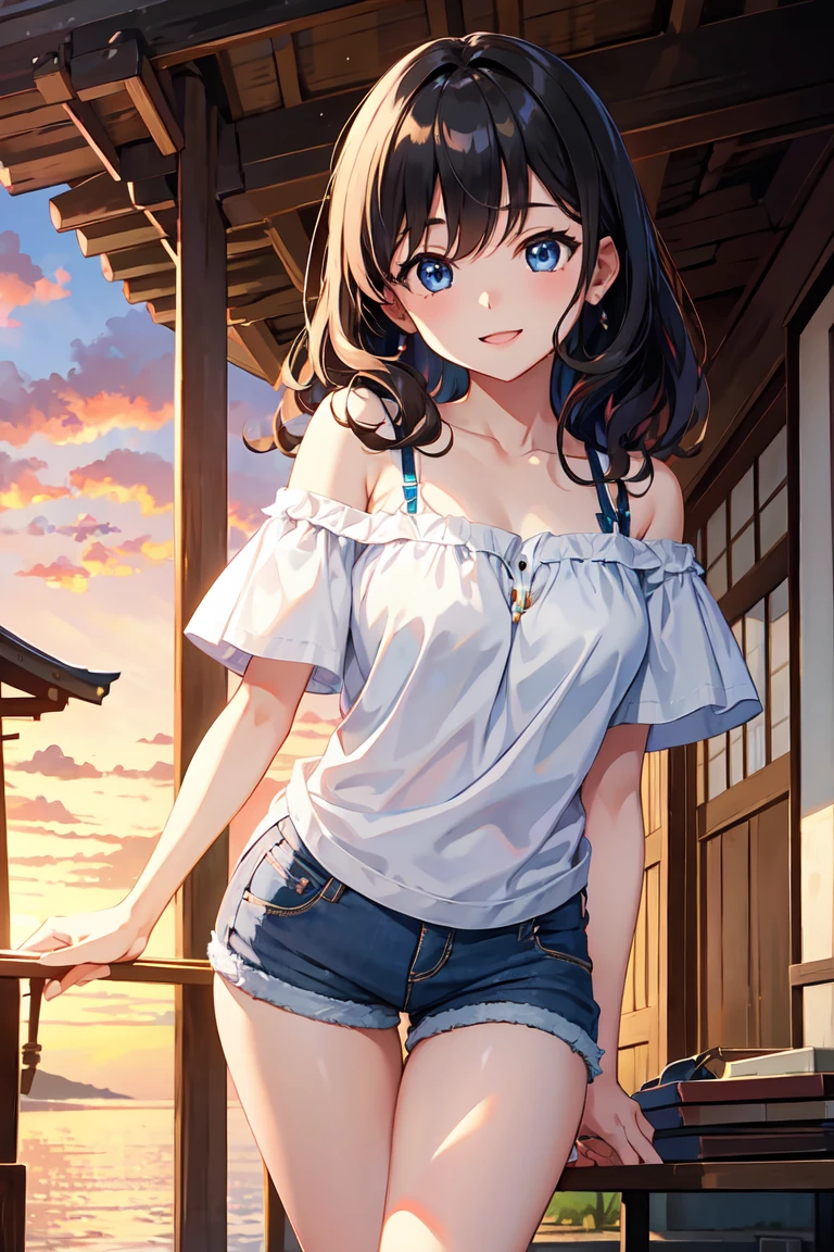 CG, Unity, 8k, wallpaper, highest quality,sunlight、Perfect lighting、 masterpiece, haruka amami, (smile: 1.2), 1 high school girl、Black Hair、Curly Hair、Blue Eyes、Dense lips、Light blue T-shirt、Off the shoulder、 BREAK denim shorts, barefoot, Thighs, Best lighting, Complex pupil, Complex weaving, Detailed Background, Japanese countryside, evening、Sunset