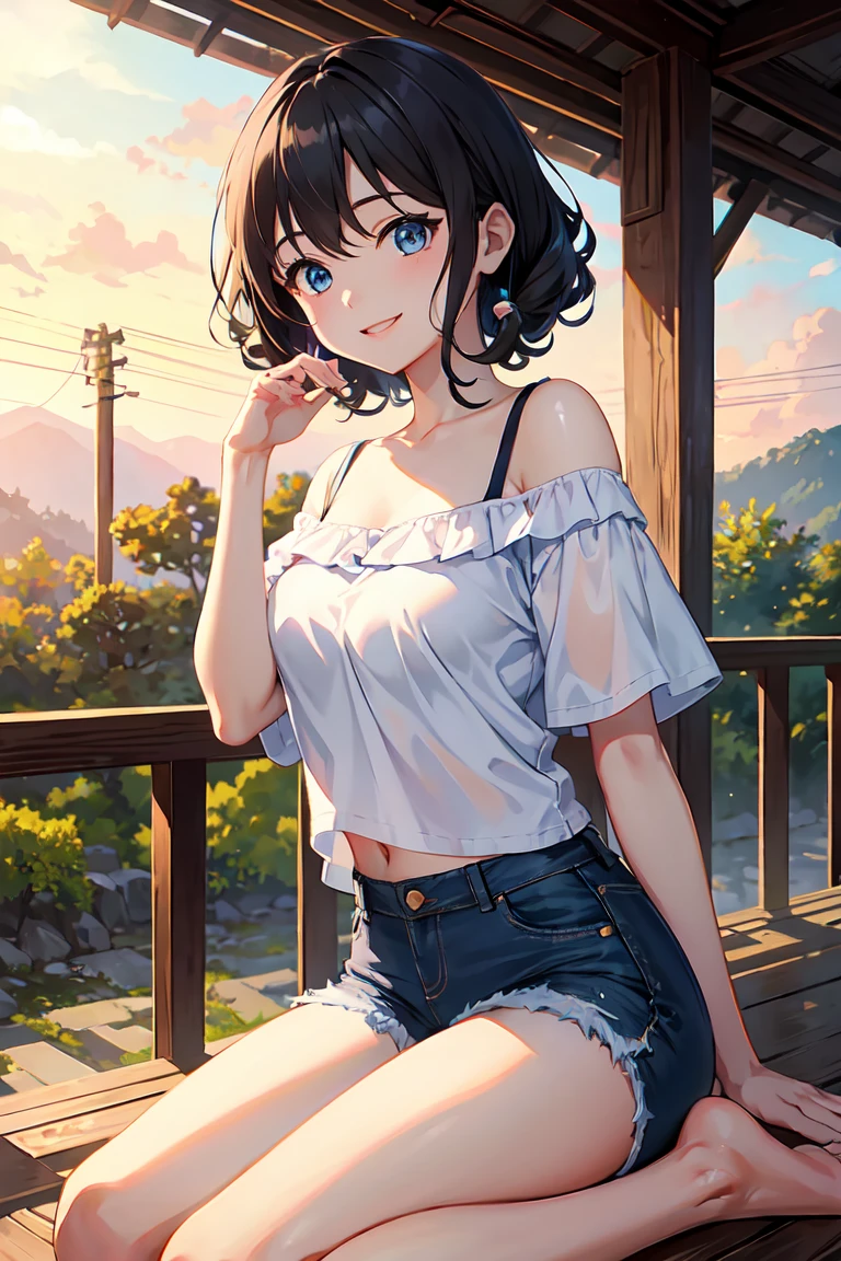 CG, Unity, 8k, wallpaper, highest quality,sunlight、Perfect lighting、 masterpiece, haruka amami, (smile: 1.2), 1 high school girl、Black Hair、Curly Hair、Blue Eyes、Dense lips、Light blue T-shirt、Off the shoulder、 BREAK denim shorts, barefoot, Thighs, Best lighting, Complex pupil, Complex weaving, Detailed Background, Japanese countryside, evening、Sunset