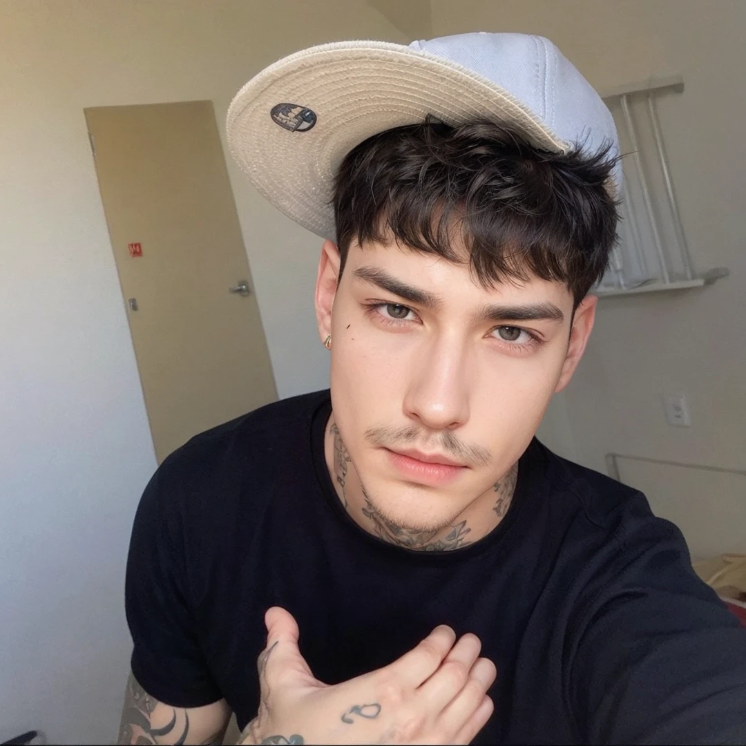 He wears a cap, straight hair and defined jawline, looking at camera and thin mustache, tatoo 