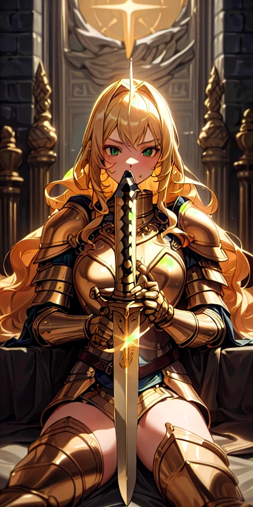 (masterpiece, best quality, no imperfections, ultra hd, super render quality),1girl with long dark blonde hair, bangs, cute green eyes, wavy hair, in gold armor and a big claymore sword with golden details in valley where the sun shines, warm lightning,
