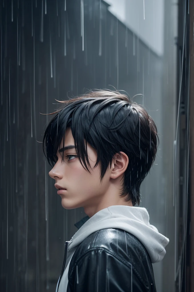 Photograph of a 17 year old anime style male character in profile looking up in the rain 