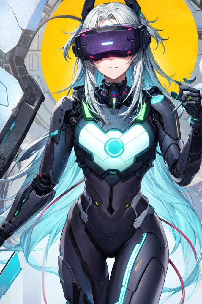 best quality, head-mounted display,
(1 boy), exposed waist, exposed thighs, surrounded by azure neon, floating azure hair, NodesTech mascara, NodesTech headdress, long hair, ethereal hair, multicolored azure hair,
BREAK sci-fi background, detailed background, crop top cyborg armor, azure neon background, data space