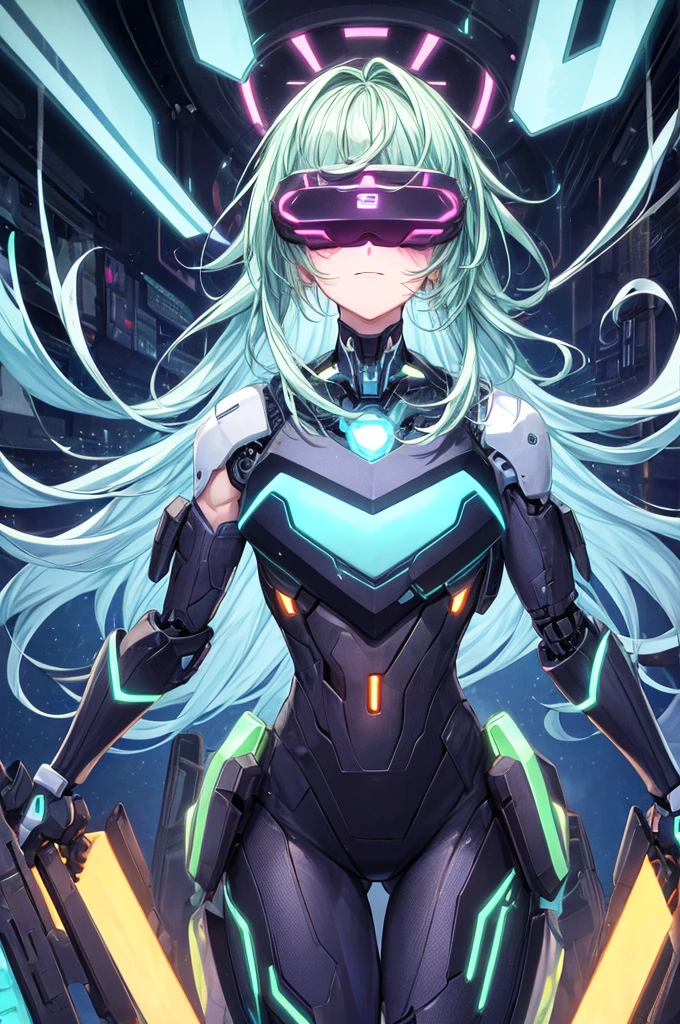 best quality, head-mounted display,
(1 boy), exposed waist, exposed thighs, surrounded by azure neon, floating azure hair, NodesTech mascara, NodesTech headdress, long hair, ethereal hair, multicolored azure hair,
BREAK sci-fi background, detailed background, crop top cyborg armor, azure neon background, data space