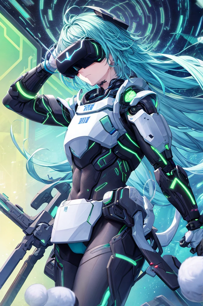 best quality, head-mounted display,
(1 boy), exposed waist, exposed thighs, surrounded by azure neon, floating azure hair, NodesTech mascara, NodesTech headdress, long hair, ethereal hair, multicolored azure hair,
BREAK sci-fi background, detailed background, crop top cyborg armor, azure neon background, data space