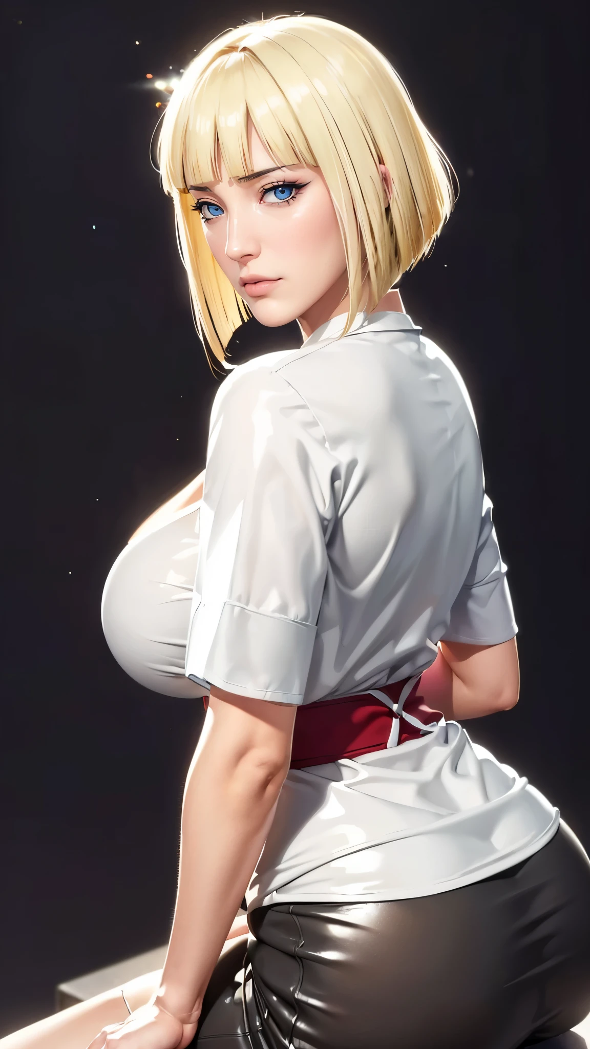 (（（Perfect body,White and tender skin,（（（BLACK KIMONO, CLEAVAGE, VAMBRACES,）））,（（（Samui, Blue eyes, blonde hair, short hair, bangs, blunt bangs,）））,((masterpiece)),high resolution, ((Best quality at best)),masterpiece,quality,Best quality,（（（ Exquisite facial features,Looking at the audience,There is light in the eyes,Poker face）））,From the back）））,（（（Light and shadow,Huge breasts，Plump buttocks）））,（（（Looking at the camera,black background,)））),