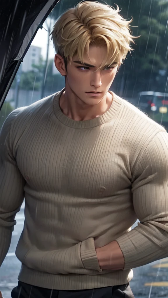 handsome male,Muscular,handsome male,Muscular,Blonde,bangs,Ribbed sweater,meanwhile,Highest quality,Make a frown,hand_To_mouth,in the rain,冬To,