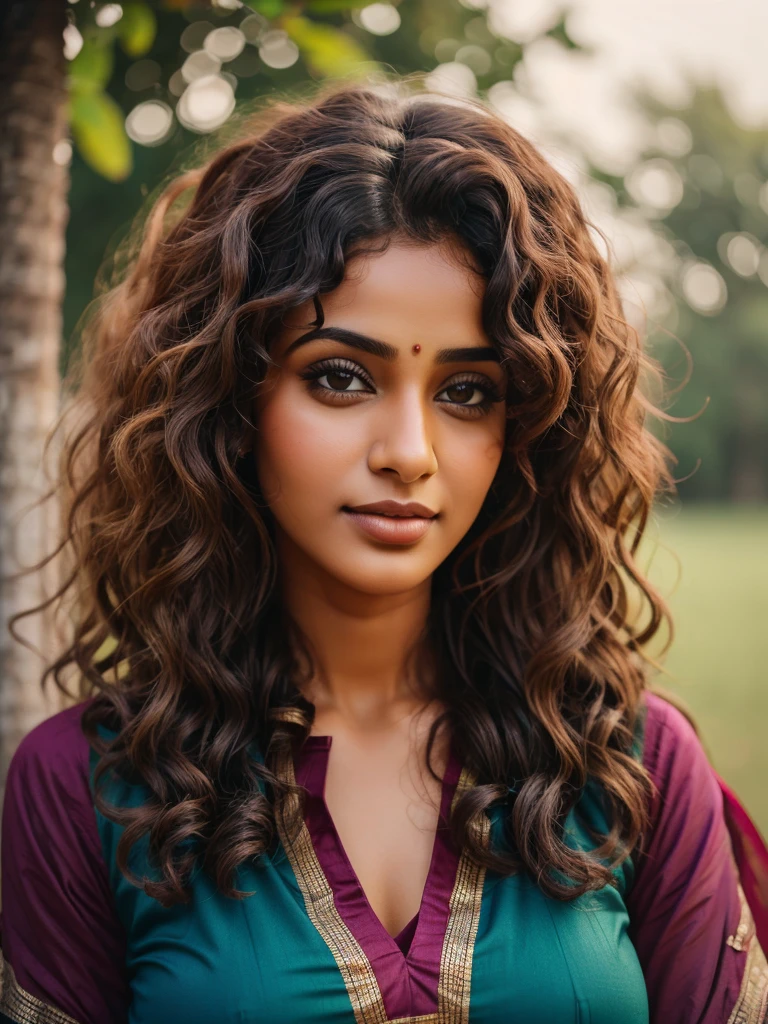 Beautiful women with hard curly hair in salwar plain colour outdoor closeup and click in 85mm prime lens