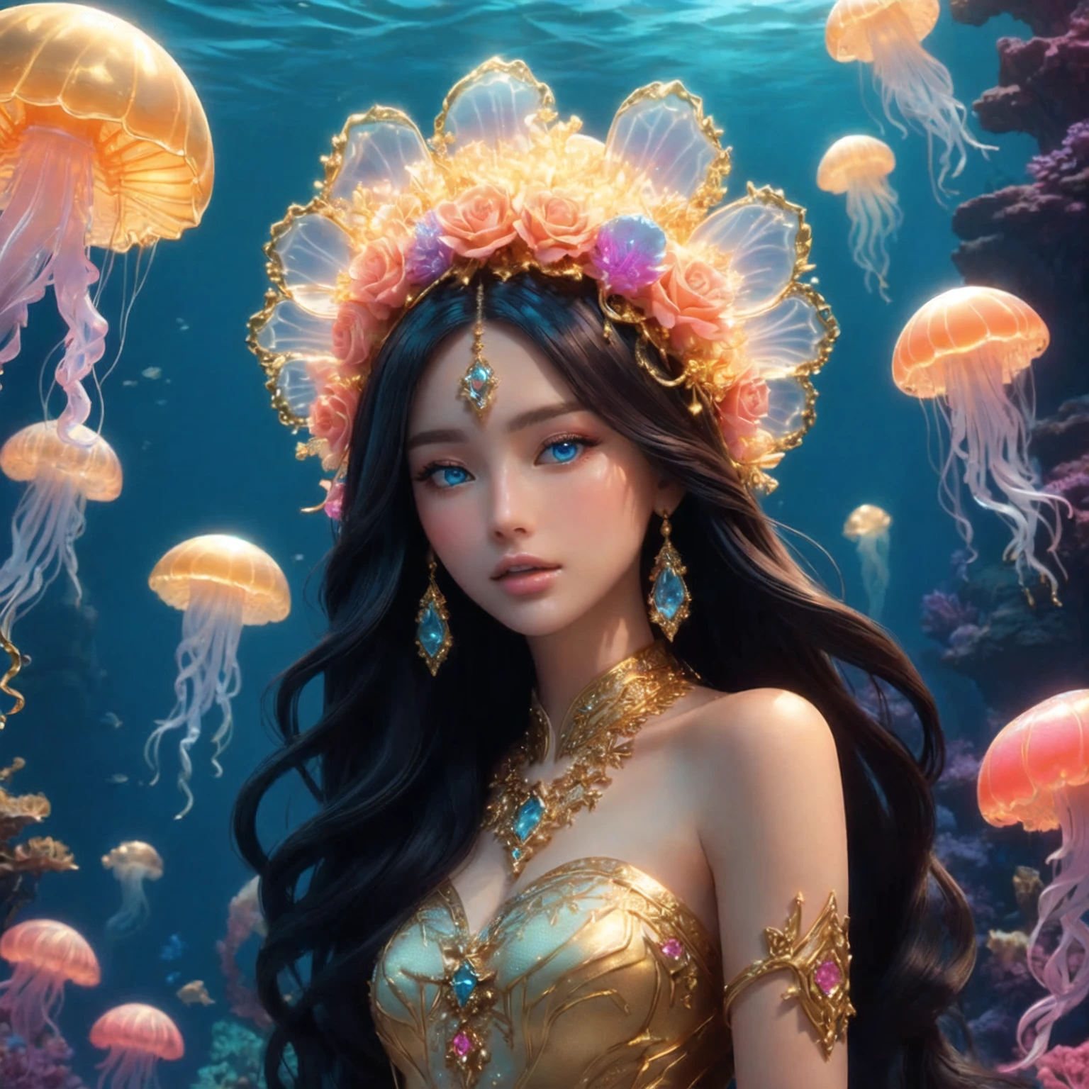 super model woman , big breasts , sea blue eyes , under the sea fantasy , Smooth skin , Sharp picture , high resolution , pink mouth ,Standing in a golden dress,jellyfish, Goddess of the Sea, Fine gold jewelry , Fine blue diamond jewelry ,, realistically