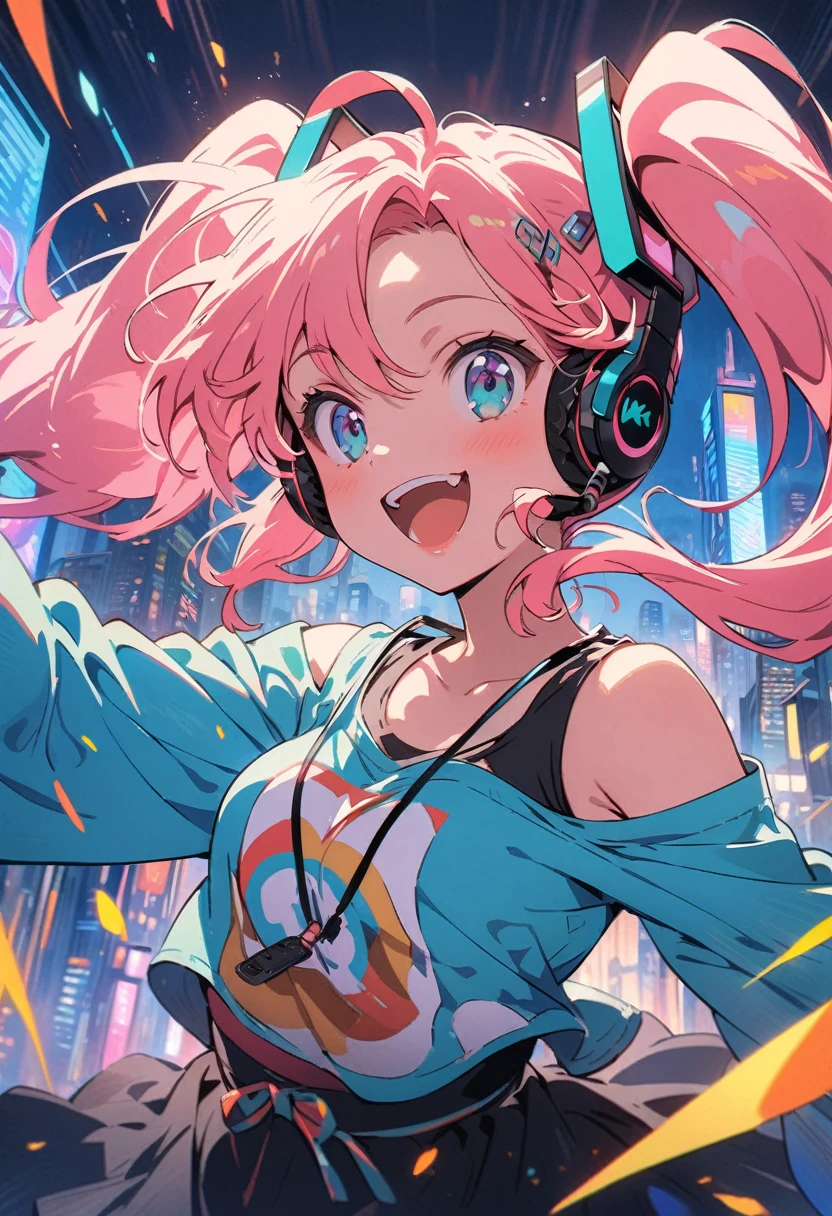 (Highest quality,4K,8k,High resolution,masterpiece:1.2),Very detailed,Vibrant colors,Beautiful details,Beautiful lip detail,Cute girl with long turquoise twin tails,stylized cel shading,Dynamic pose,Neon cityscape background,Singing on the rooftop,Anime-style artwork,Happy and cheerful expression,Lens flare,The city lights in her eyes,hatsune miku