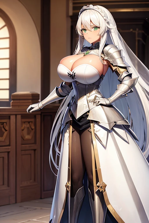 metal plate knight armor, braided white hair, green eyes, pantyhose, big breasts, metal heels, brown skin, metal skirt, serious look, wedding dress