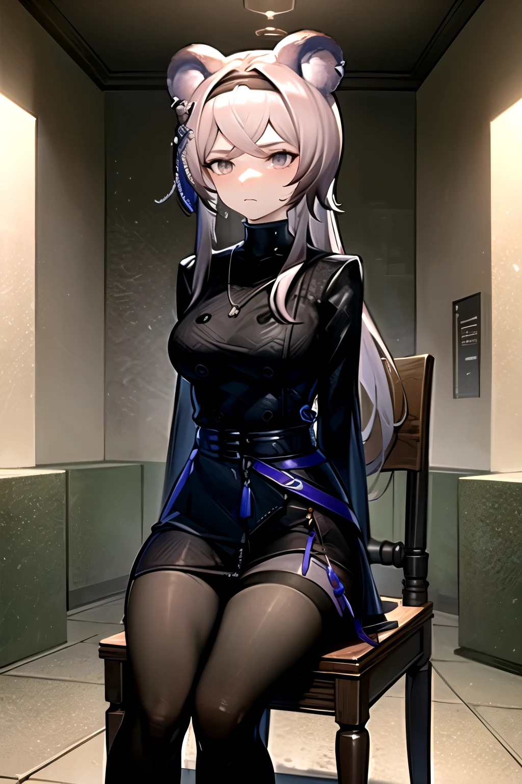 highest quality, masterpiece, High resolution, one person in, {Rin_Arknights:0.90}, 1 girl, black_dress, length_sleeve, looking for_in_Audience, cowboy_shot, Closed_mouth, ((hands tied behind)), ((arms behind back)), wide_sleeve, black_pantyhose, formal_alternine_Costumes, underground, Concrete floor, Concrete wall, underground room, Make a frown, sitting on the chair, pipe chair, Thighs together, black tights, Closed legs,