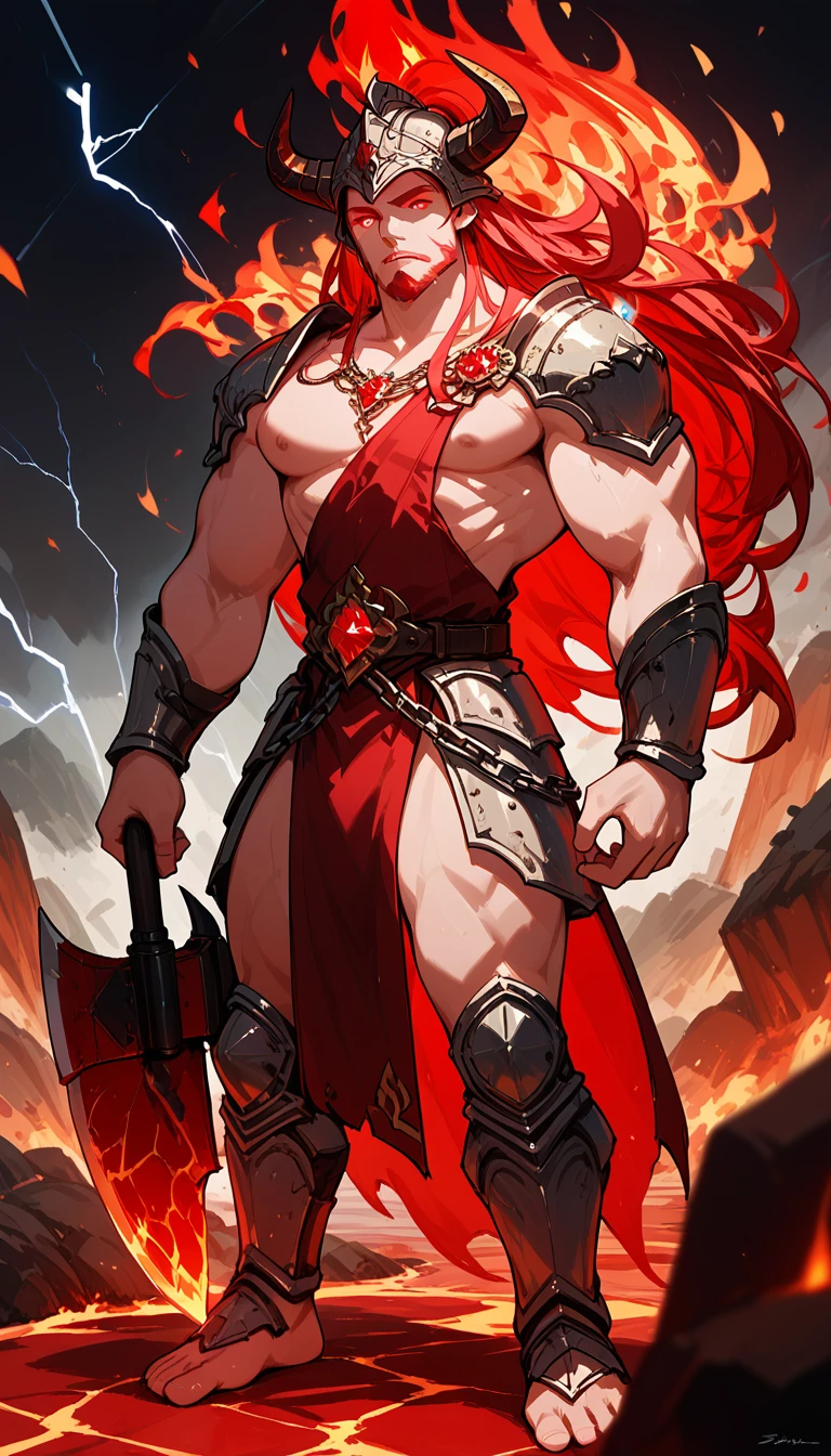 ((best quality)) , ((masterpiece)) , (detailed),axe, 1boy, male focus, horns, glowing eyes, holding, beard, glowing, solo, weapon, holding axe, facial hair, muscular, fire, holding weapon, chain, looking at viewer, long hair, lightning, muscular male, red hair, horned helmet, armor, helmet, belt, fake horns, molten rock, feet out of frame, standing, battle axe, electricity