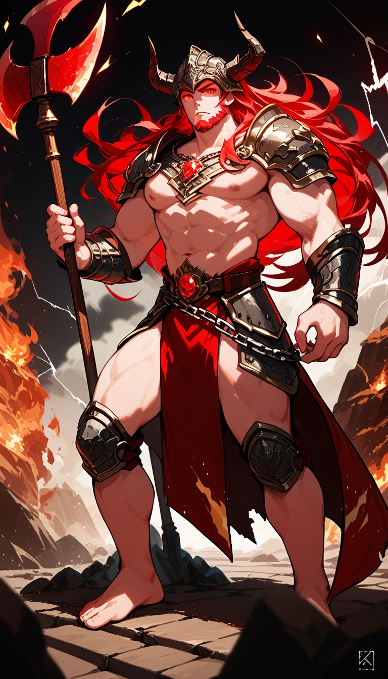 ((best quality)) , ((masterpiece)) , (detailed),axe, 1boy, male focus, horns, glowing eyes, holding, beard, glowing, solo, weapon, holding axe, facial hair, muscular, fire, holding weapon, chain, looking at viewer, long hair, lightning, muscular male, red hair, horned helmet, armor, helmet, belt, fake horns, molten rock, feet out of frame, standing, battle axe, electricity