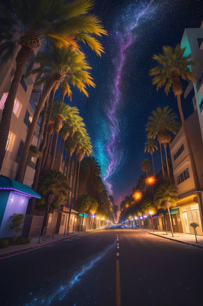 arafed image of a street with palm trees and a sky full of stars, ethereal starlit city at sunset, psychedelic sky, time - lapse, amazingly epic visuals, timelapse, waves of lights, colorful skies, planets in the skies, realistic photo from nasa, light streaks in the sky, colorful night sky, streaks, surreal sky, nebulas swirls