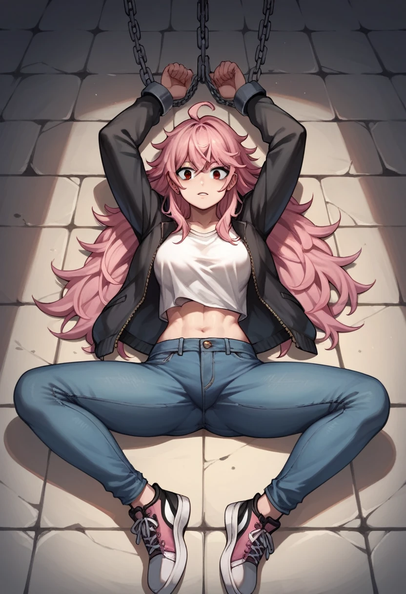 score_9, score_8_up, score_7_up, score_6_up, score_5_up, score_4_up, source_anime, 1woman, floor, pink hair , long hair, black eyes, w-w-chain, shackles, spread arms, messy hair, black topics, jacket, jeans, sneakers, lacing, dungeon, best quality, best res, 4K UHD,
 